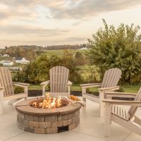 Comfo Back Adirondack Chairs in Weatherwood on Seashell